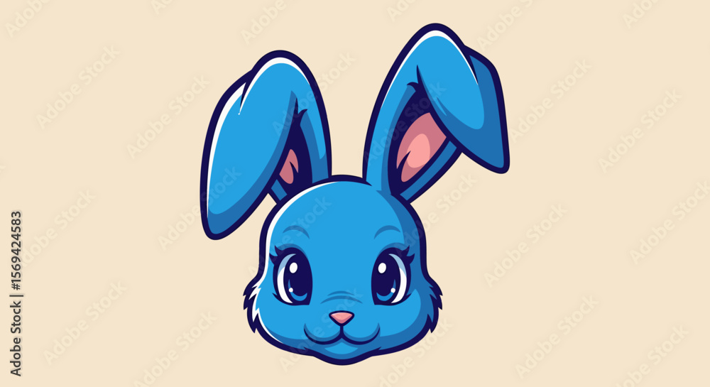 Obraz premium Cute Cartoon Blue Bunny Head with Big Eyes and Pink Ears