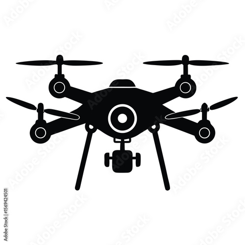 A quadcopter drone, outlined in black, hovers with camera attached in transparent background