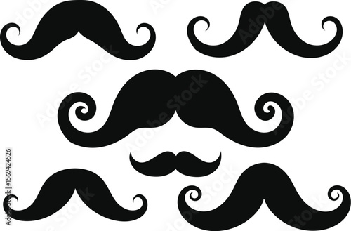 Variety of stylized mustaches display unique shape and curl patterns against a white background