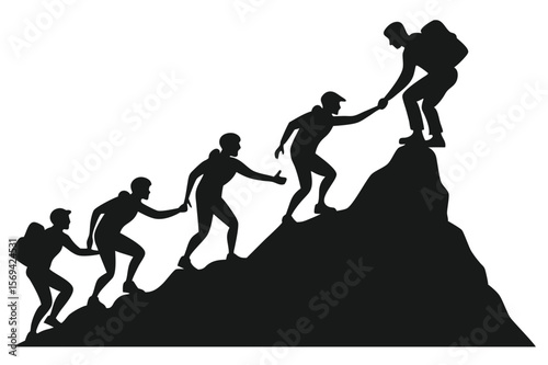 Black silhouette showcases teamwork as people climb, assisting each other up a mountain