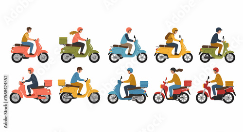 Colorful Scooters with Riders: Delivery Service Vehicles in Various Colors and Styles