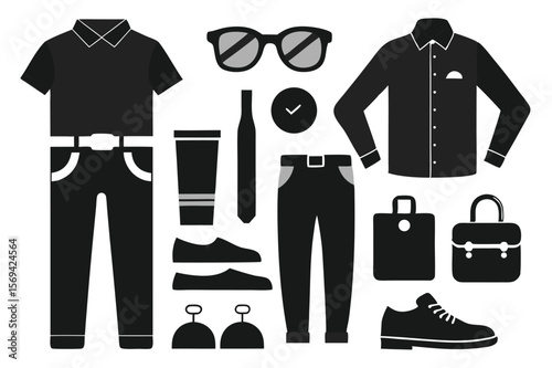 Sleek minimalist styled black clothing and accessories are elegantly displayed against a clean backdrop