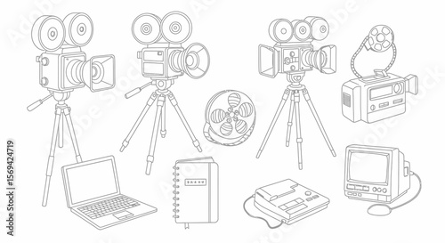 Detailed Line Art of Vintage Film Camera on Tripod