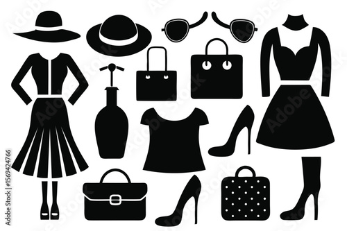 Stylish woman's wardrobe is showcased with dresses, hats, bags, shoes, and accessories in black silhouette with transparent background