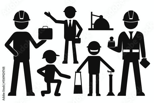 Five diverse black silhouette figures depict engineers and related oil industry themes transparent