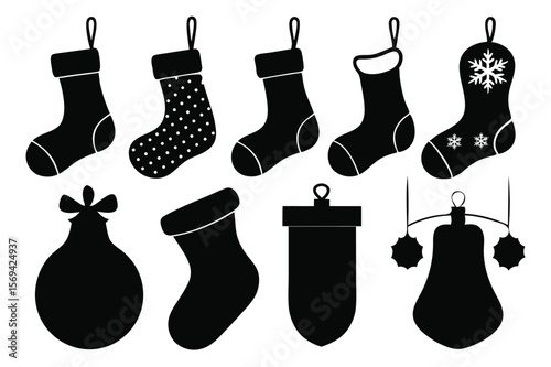 Black silhouette presents eight distinct Christmas stockings and a holiday ornament on white backdrop