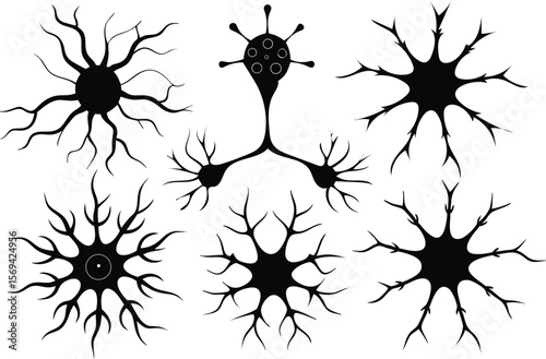 Black neuron cells are scattered across the white surface, showcasing various shapes and connectivity, on transparent background