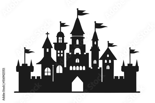 Majestic castle silhouette with towers and flags creates a whimsical and enchanting on transparent background