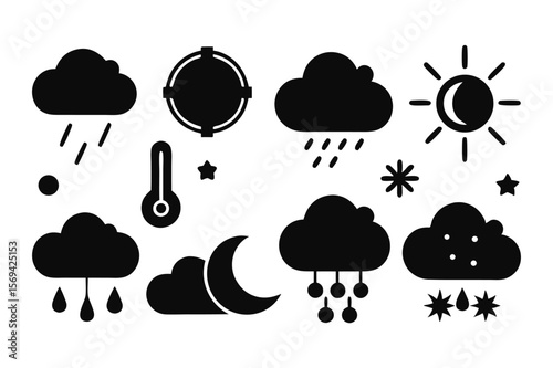 Various black weather symbols include rain, clouds, sun, moon, temperature, and stars on a white background