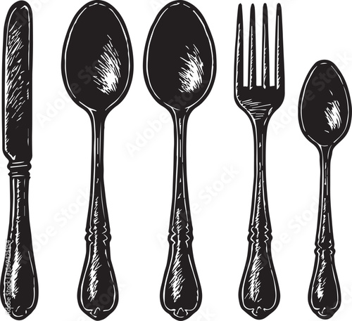Vintage Cutlery Silhouettes – Ornate Fork, Spoon & Knife Illustrations for Culinary Design