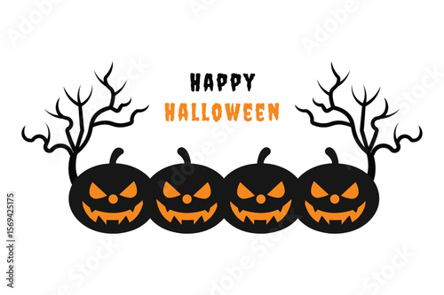 Halloween invitation card. Happy Halooween Greetings card vector illustration with pumpkins and scary trees