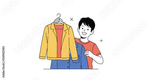 Young boy choosing new outfit to wear from colorful clothes selection
