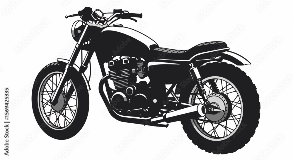 Fototapeta premium Monochrome Illustration of a Classic Motorcycle with Detailed Engine and Spoked Wheels