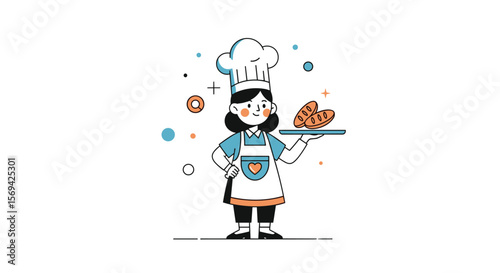Young chef proudly presents delicious baked goods and fried chicken on a serving tray