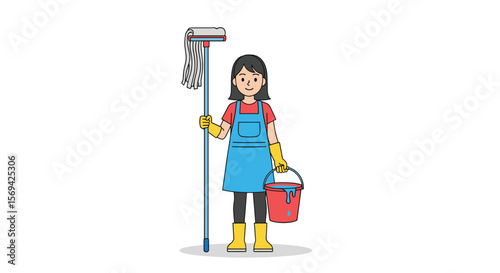 Professional housekeeping service provider with mop and bucket ready for cleaning tasks