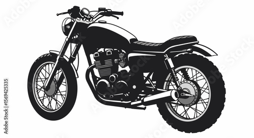 Monochrome Illustration of a Classic Motorcycle with Detailed Engine and Spoked Wheels