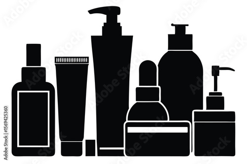 Black cosmetic bottles and containers of different shapes and sizes are arranged against a white background