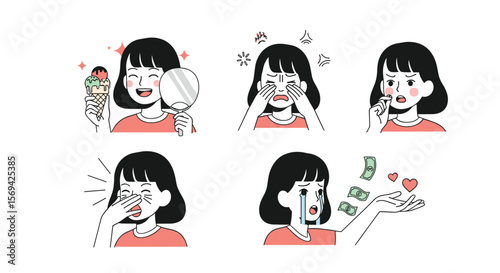Capturing everyday emotions with simple illustrations of a happy young woman