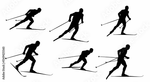 Silhouette of Cross-Country Skiers in Dynamic Action