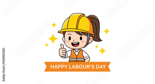 Cartoon construction worker girl giving thumbs up for happy labour day celebration