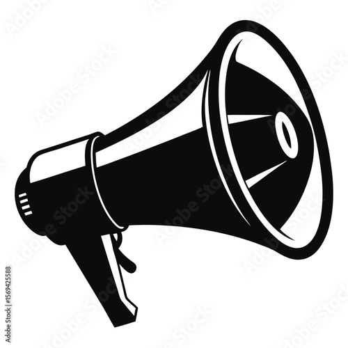 megaphone icon in black and white conveys a sense of powerful communication against transparent backdrop