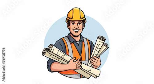 Smiling Construction Worker Holding Blueprints, Wearing Safety Gear
