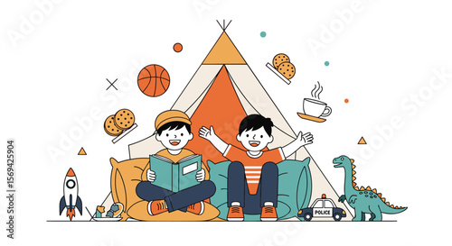 Two young boys enjoying story time adventures inside a cozy teepee