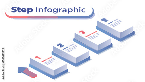 Isometric step infographic with four steps and an arrow indicating the first step in the process