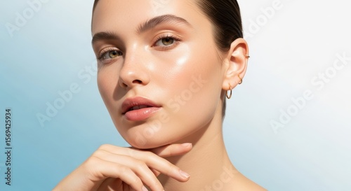 Young caucasian female with radiant skin and gold earrings