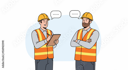 Two Construction Workers in Dialogue: One Taking Notes on Clipboard, Other with Arms Crossed