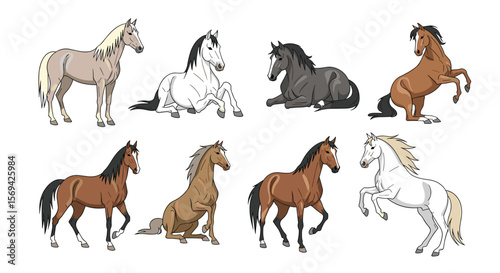 Collection of pixel art horses in various poses and colors for creative projects