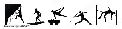 Group of various sports athlete disciplines black silhouettes vector set collage.