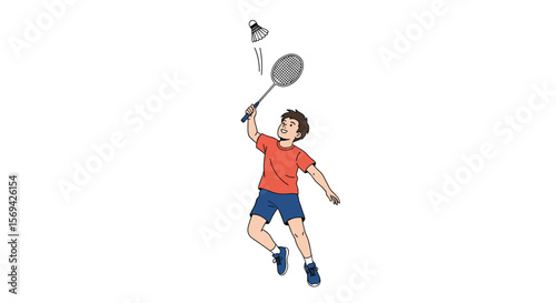 Young athletic boy playing badminton excitingly with a shuttlecock and racquet outdoors
