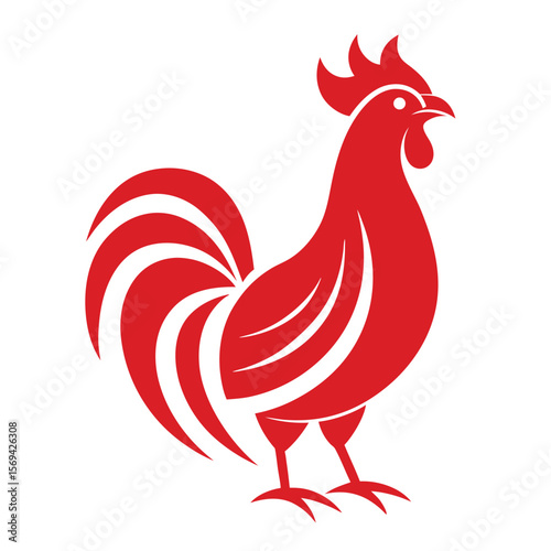 Striking red rooster illustration stands proudly against a clean white background, bold and minimalist