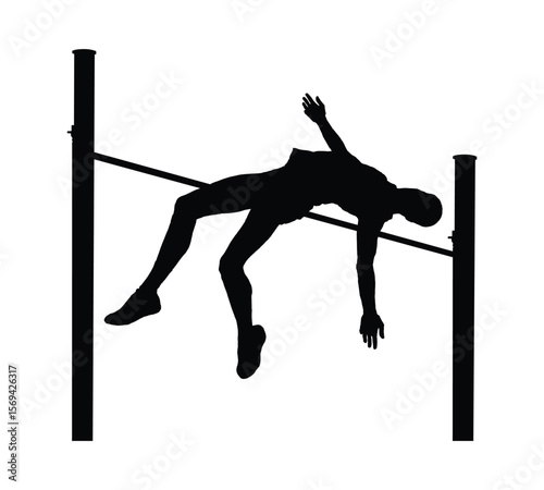 Man high jump athlete vector black silhouette. Male high jumper clearing high jump bar silhouette.