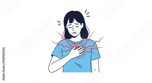 Woman experiences sharp chest pain a symptom of heart disease or anxiety attack distress