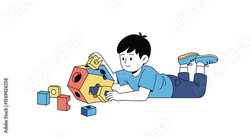 Little boy engaged in play with geometric shape sorter educational toy