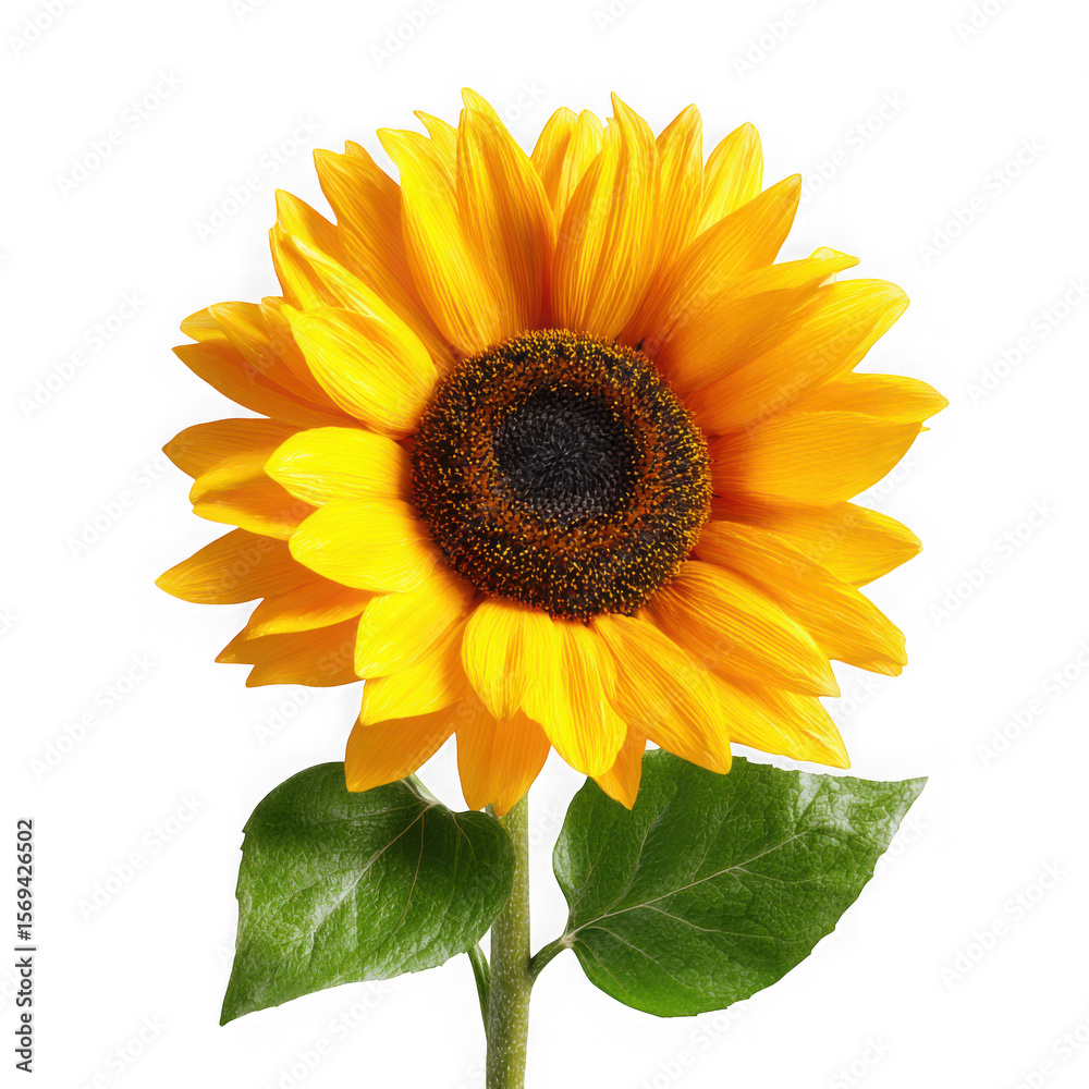 Obraz premium A vibrant yellow sunflower with green leaves and a dark center isolated on transparent background