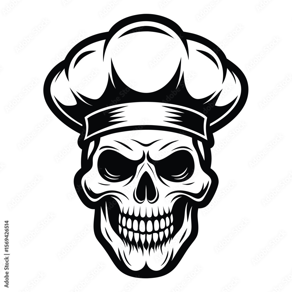 Fototapeta premium Monochromatic skull with detailed features is wearing a chef's hat on transparent background
