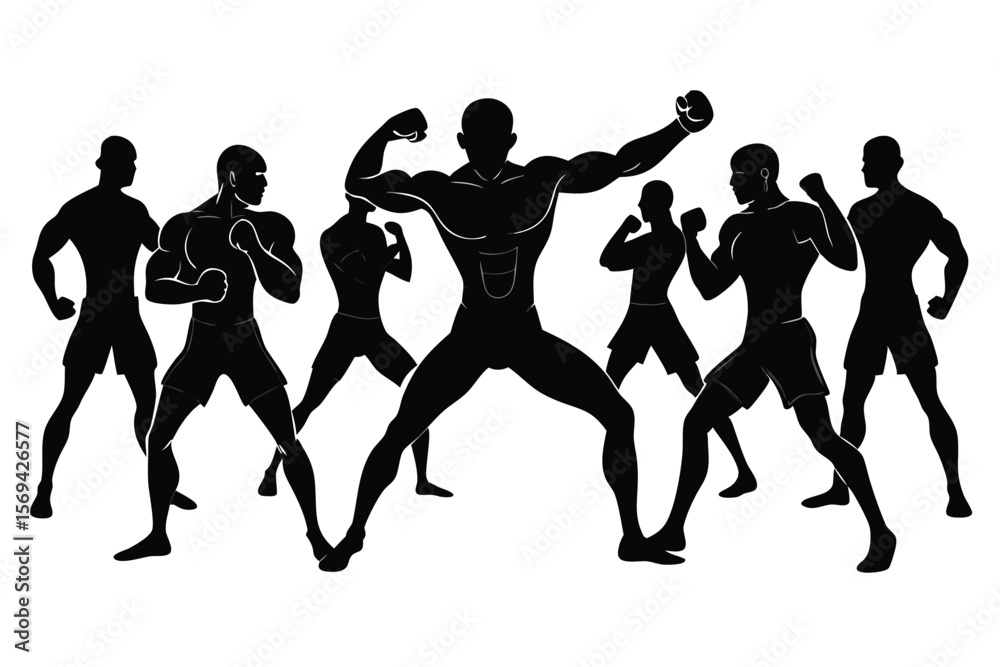 Fototapeta premium African ethnicity male fighters stand together in various poses showcased as a black silhouette