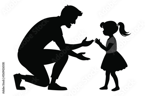 Silhouette shows a father kneeling while reaching for his young daughter, it is on transparent background