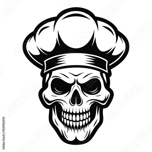 Monochromatic skull with detailed features is wearing a chef's hat on transparent background
