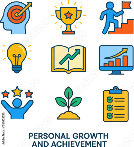 Flat vector icons of personal growth and achievement: goal mindset, trophy award, success steps, learning graph, self-improvement, progress report, checklist, motivation stars
