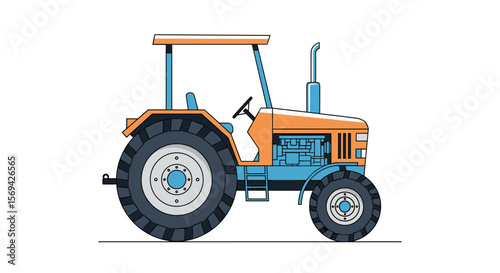 A bright orange and blue tractor with a canopy sits on a white background ready for agricultural work