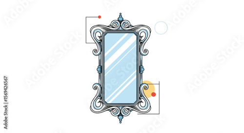 Elegant antique ornate mirror with decorative silver frame and reflective glass surface