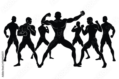 African ethnicity male fighters stand together in various poses showcased as a black silhouette