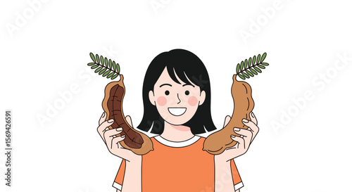 A young woman holds two fresh tamarind pods one dark brown and one light brown with green leaves attached