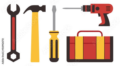Red Yellow Tool Kit Wrench Hammer Screwdriver Drill