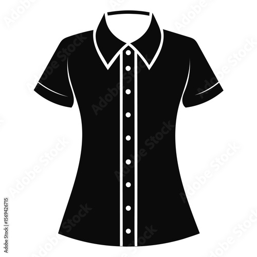 Black blouse icon shows uniform design with white trim and buttons on white backdrop