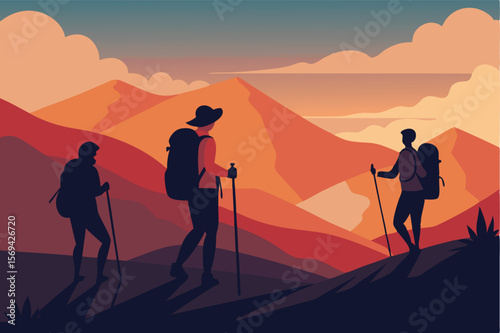 Three silhouetted hikers ascend orange mountains using poles during a picturesque sunset